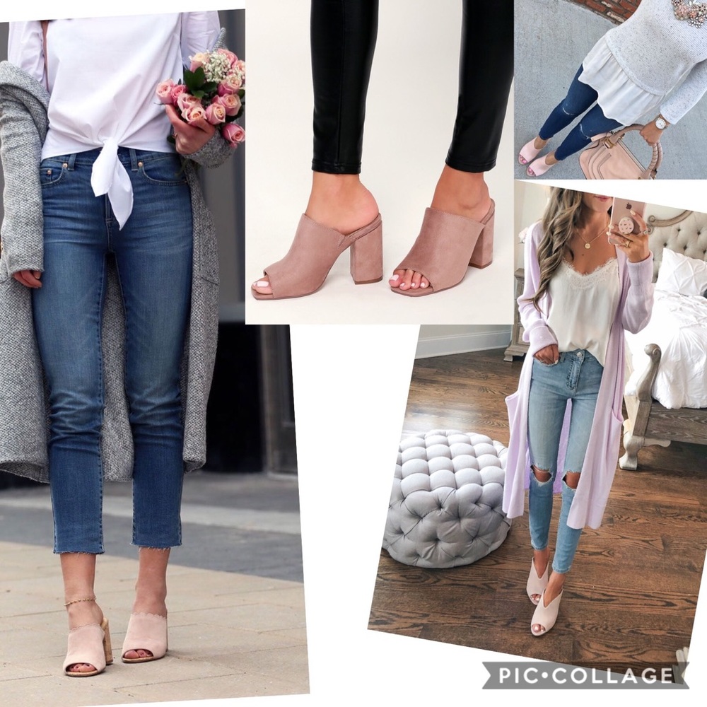 Dusty pink mules block heels peep toe clogs